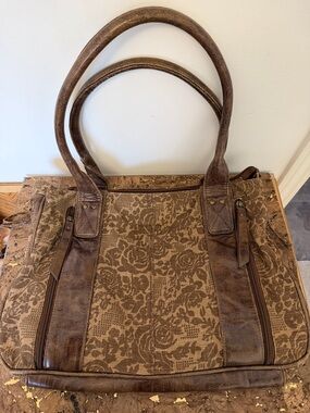 The Stone Purse Brown Floral Pattern Tote Bag with Dual Handles